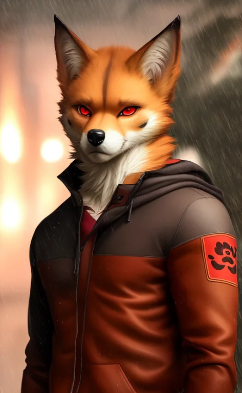 , Mammal, Solo, Clothing, Red Eyes, Raining, Anthro, Male, C...