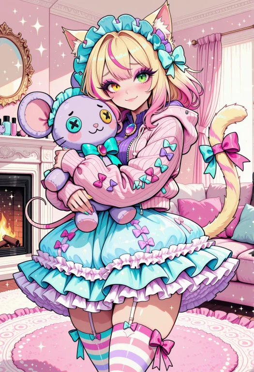 1girl, Catgirl, Yellow Eyes, Green Eyes, Heterochromia, Blon...