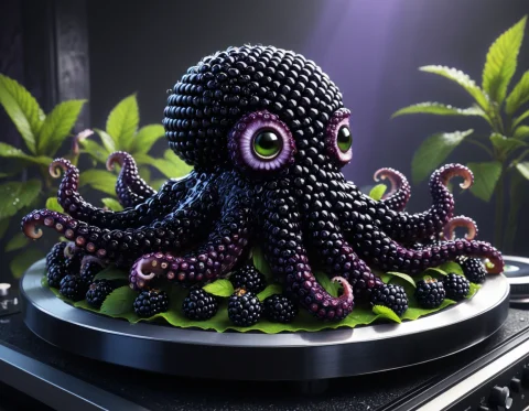 Blackberryworld, An Octopus Dj Made Entirely Of Glossy Dark... — SDXL AI Prompt: blackberryworld, an octopus DJ made entirely of glossy dark purple-black blackbe...