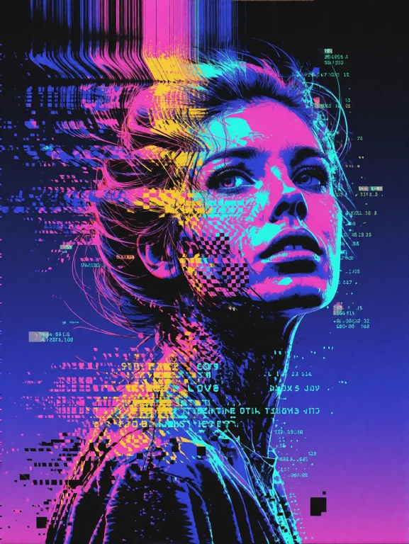 A Portrait Of A Young Woman Rendered In A Hyper Stylized Gli...