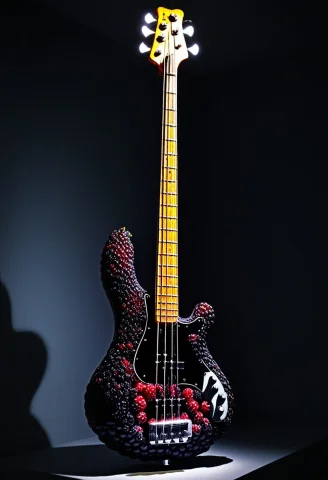 Bass Guitar Blackberryworld On A Museum Display Single Spot... — SDXL AI Prompt: Bass Guitar blackberryworld on a museum display single spot light in a darkened...
