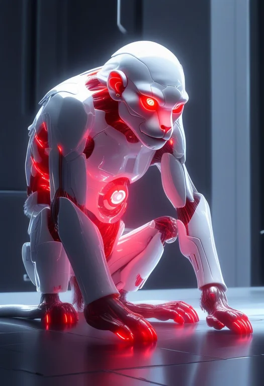 A Cybernetic Monkey Eating A Banana, Rendered Entirely In Gl...