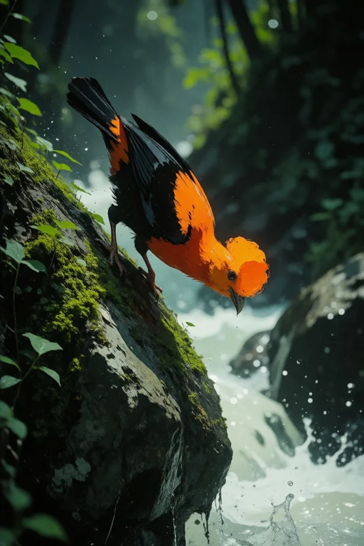 Nature, A Male Andean Cock-of-the-rock Diving Off A Mossy Bo...