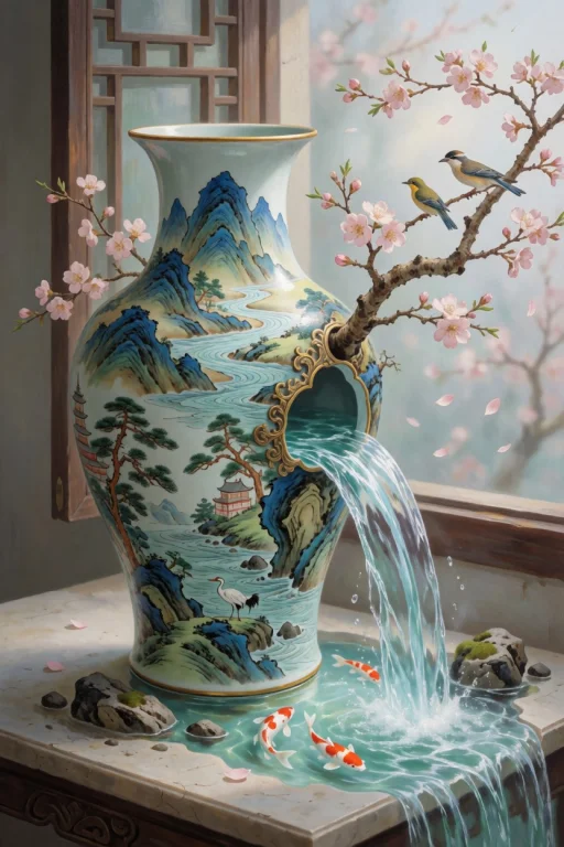 An Exquisite Antique Chinese Porcelain Vase Stands On A Pale...