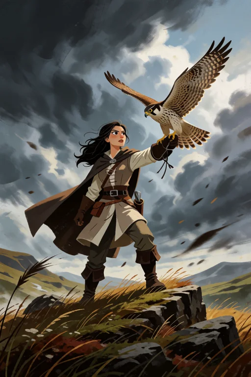 A Female Falconer Stands On A Rugged, Windy Hilltop, Her Pos...