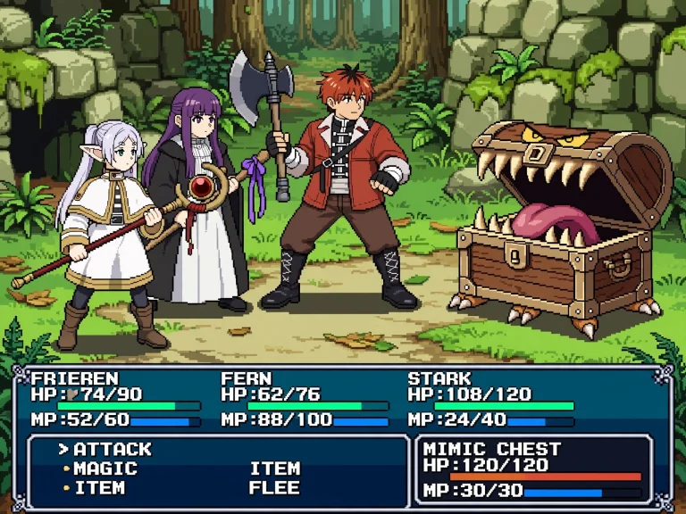 A 16-bit Snes Jrpg Battle Screen Featuring Three Characters...