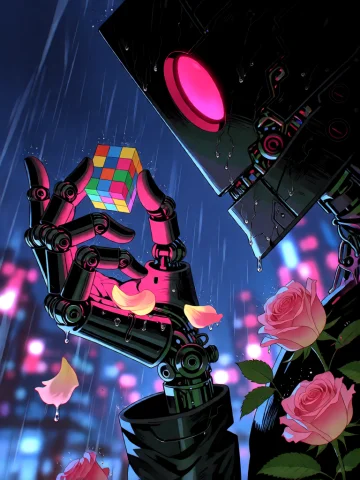Digital Artwork Depicting A Rain-filled Night Scene With A C... — Stable Diffusion AI Prompt: Digital artwork depicting a rain-filled night scene with a cybernetic hand holdi...