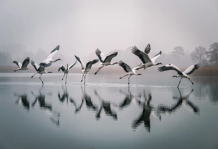 A Flock Of Cranes Lifting Off A Still Lake, Photograph, Shar...