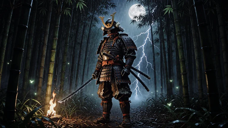 Highleveldescriptiona Lone Samurai Stands Silently In A Dens...