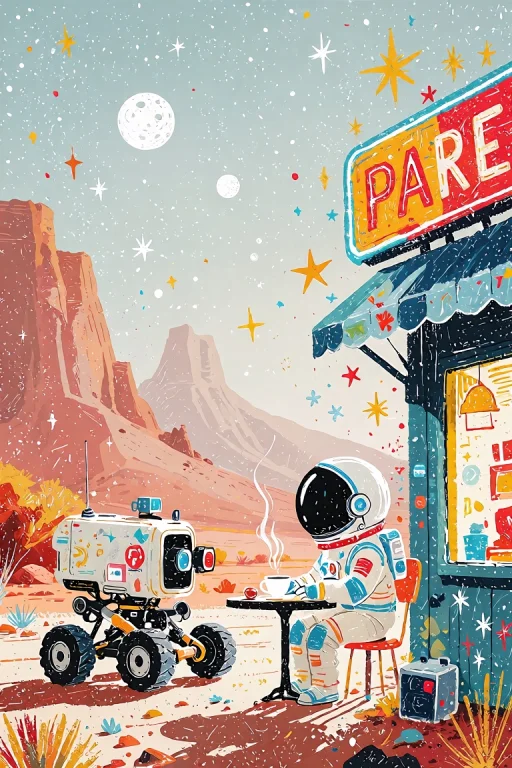 Soft Retro Sci-fi Lifestyle Illustration, Naive Hand-drawn D...
