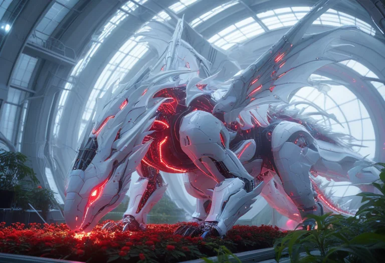 Whiteember, An Enormous Cybernetic Dragon Peacefully Gardeni...