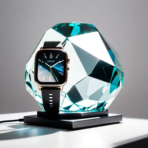 Loratech2crystalfacetv10.80, Techcrystalfacet, A Smartwatch... — SDXL AI Prompt: , techcrystalfacet, a smartwatch beside a faceted crystal glass form catching th...