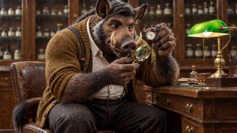 A Photorealistic Adult Male Anthropomorphic Wild Boar Pawnbr... — Stable Diffusion AI Prompt: A photorealistic adult male anthropomorphic wild boar pawnbroker in his late fif...