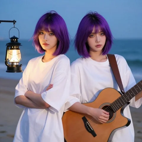 2girls, Bob Cut, Purple Hair, Grey Eyes, Oversized Shirt, Ne... — Stable Diffusion AI Prompt: 2girls, bob cut, purple hair, grey eyes, oversized shirt, neutral expression, pl...