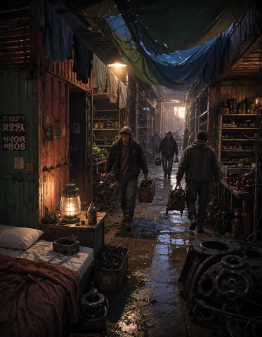 Loratraining2617621-20260926064714348-x3is1 Z1os. Long Cinem... — Stable Diffusion AI Prompt: z1os. Long cinematic alleyway between improvised junkyard shelters made of cont...