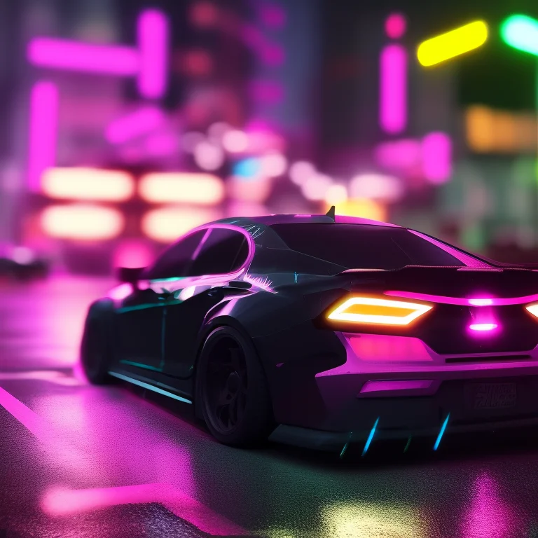 A Photo Of A Car Parked On A City Street At Night With Neon...
