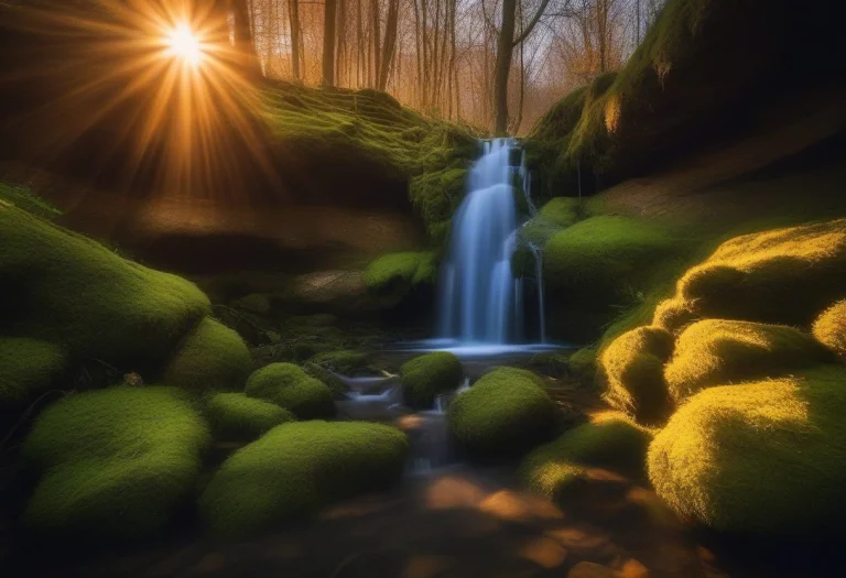 A Hidden Waterfall In A Moss-covered Ravine, Sunset Backligh...