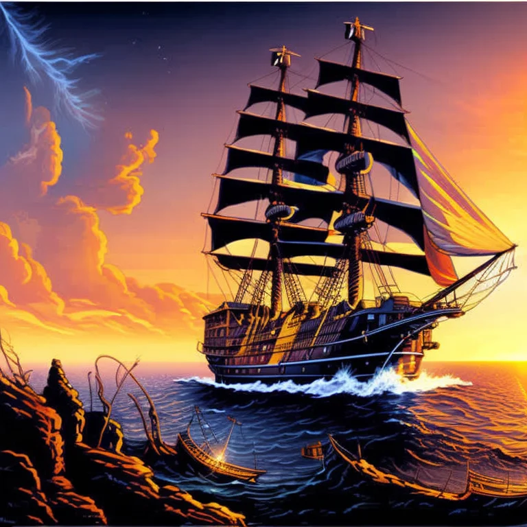 Galleon Flying, Levitating Above The Ground, From The Settin...