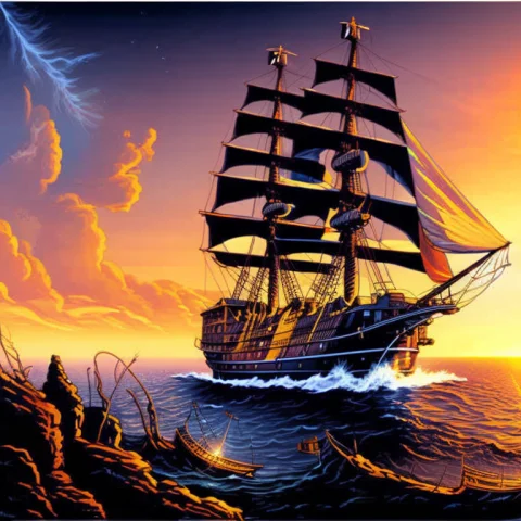 Galleon Flying, Levitating Above The Ground, From The Settin... — Stable Diffusion AI Prompt: ((galleon flying), levitating) above the ground, from the setting sun, the avenu...