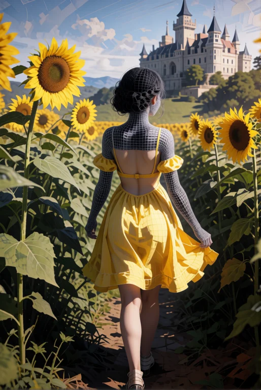 3dworld A Young Woman Walks Through A Field Of Tall Sunflowe...