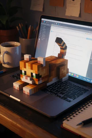 Minecraft Kitten Lying Across A Laptop Keyboard, One Paw On... — Stable Diffusion AI Prompt: minecraft kitten lying across a laptop keyboard, one paw on the trackpad, tail d...