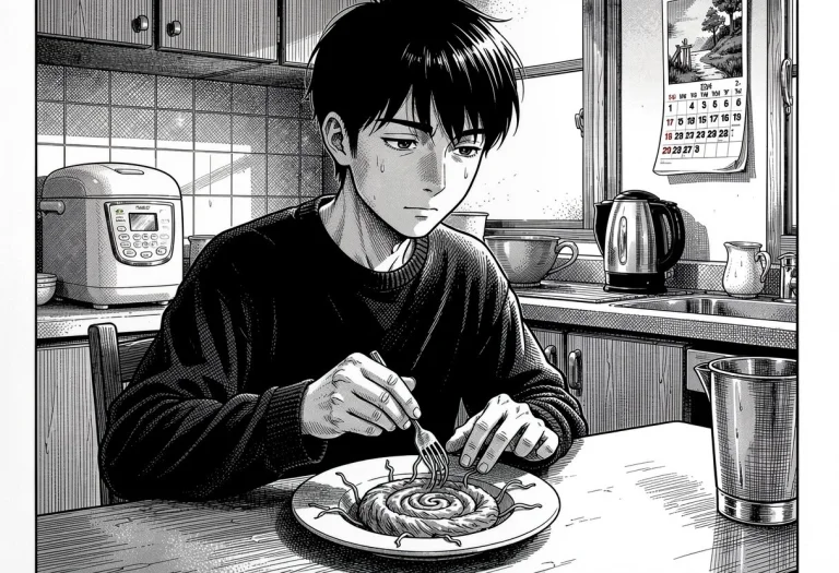 A Black And White Manga Panel In The Style Of Junji Ito. A Y...