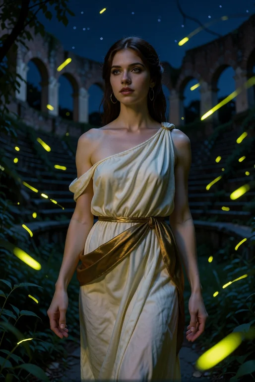 A Young Woman Stands Among Fireflies In A Ruined Amphitheate...