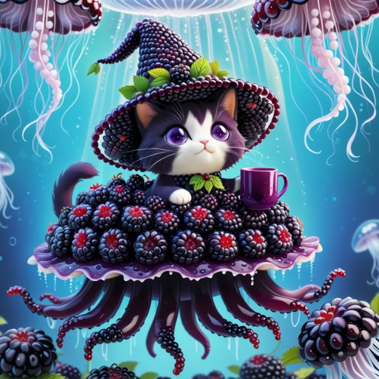 Blackberryworld, Cute Cat Made Of Blackberries, Whimsical, C...