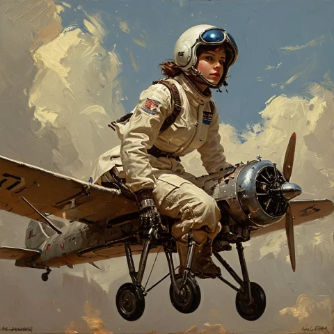 Whiteember Female Robot Pilot, Vintage Monoplane, Mid-air Fl... — SDXL AI Prompt: WhiteEmber Female robot pilot, vintage monoplane, mid-air flight, museum-quality...