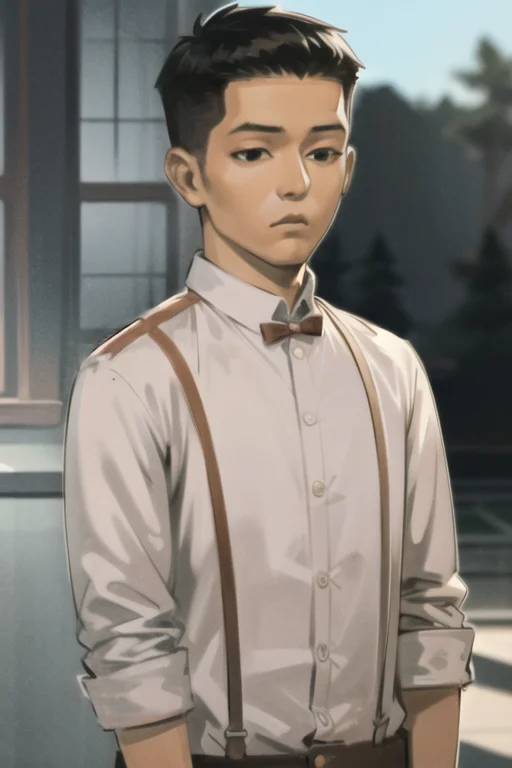 1boy, Shirt, Male Focus, Solo, White Shirt, Suspenders, Blac...