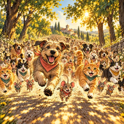 Hundreds Cats Mouses And Dogs Running — Stable Diffusion AI Prompt: hundreds cat's mouse's and dog's running