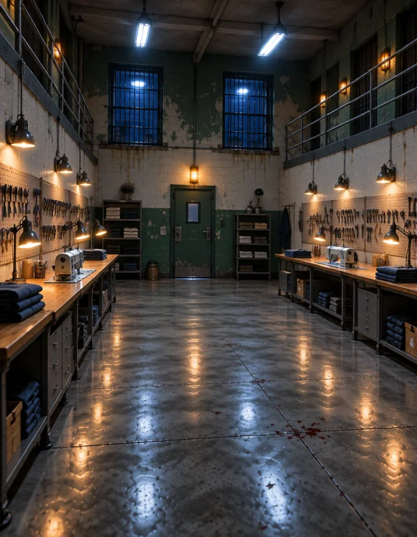 W0m3ns Pr1s0n, Photorealistic, Same Empty Prison Workshop, S...