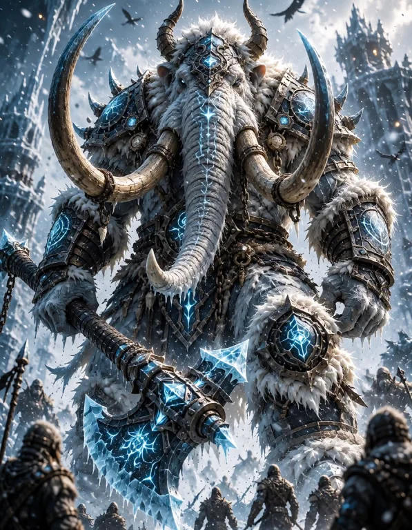 Titan Ascended, A Colossal Frost Mammoth Warlord Standing Be...