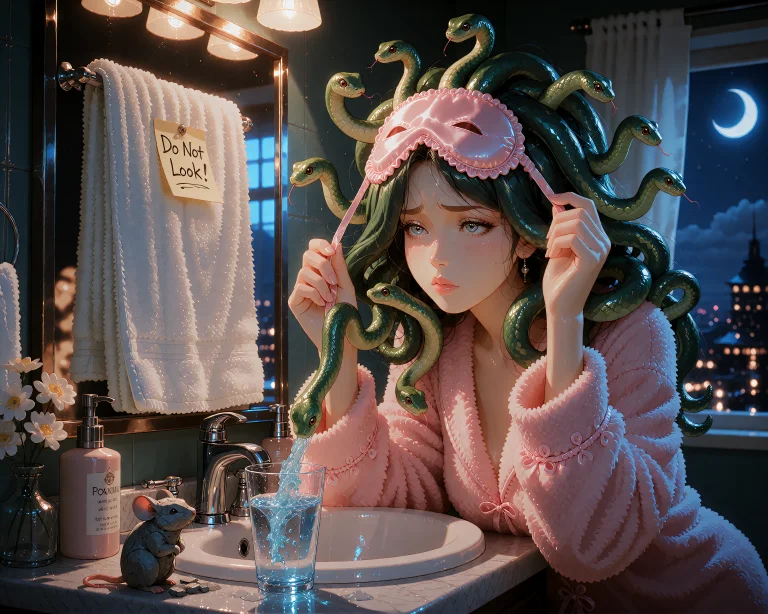 A Whimsical Illustration Of A Frustrated Medusa In Her Bathr...