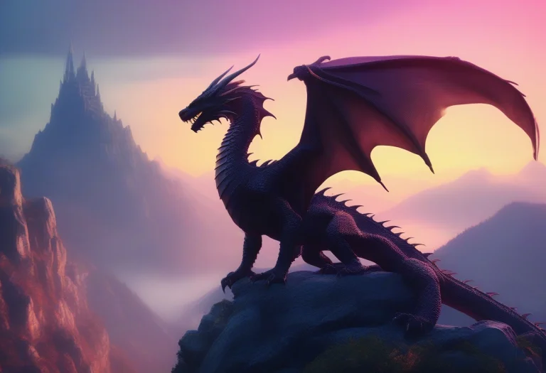 A Dragon Perched On A Wind-scoured Mountain Peak, Storybook...