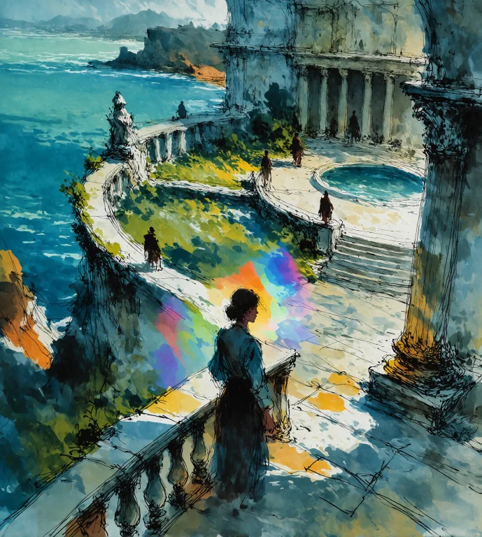 N0vuschr0ma Style A Person Stands Alone On A Stone Terrace H...