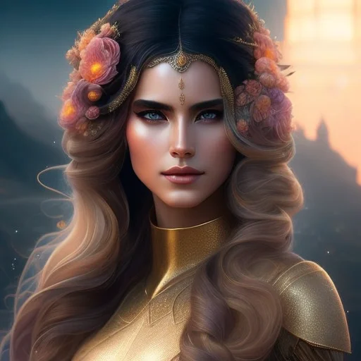 A Beautiful Cinematic Female Sand Goddess, Golden Dress, Glo...