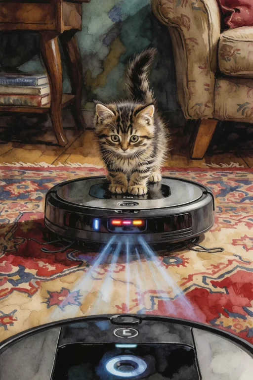 Kitten Standing Its Ground, Back Arched, Hissing At A Robot...