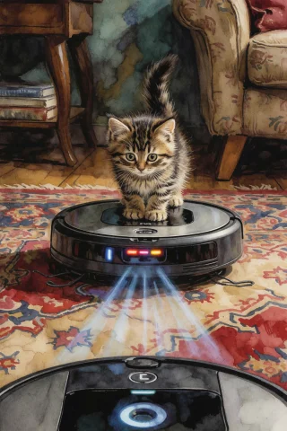 Kitten Standing Its Ground, Back Arched, Hissing At A Robot... — Stable Diffusion AI Prompt: kitten standing its ground, back arched, hissing at a robot vacuum cleaner that...