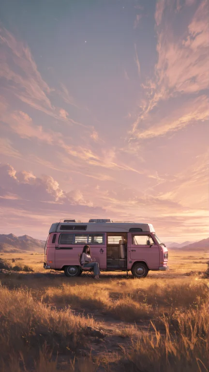 A Distant Cinematic Shot Of A Pink Vintage Camper Van Parked...