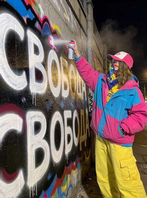 R3alism, A Woman Spray-painting Russian Text On A Large Conc...