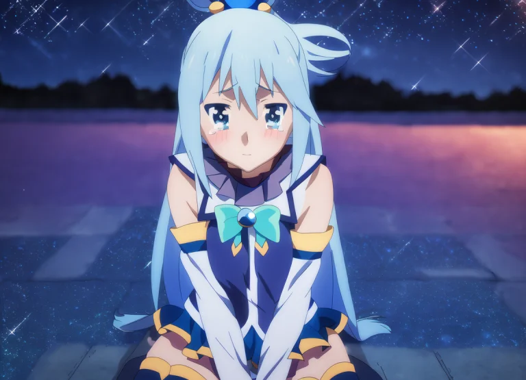 Axel Aqua, Crying, On Her Knees, Close-up Night Stars Sparkl...