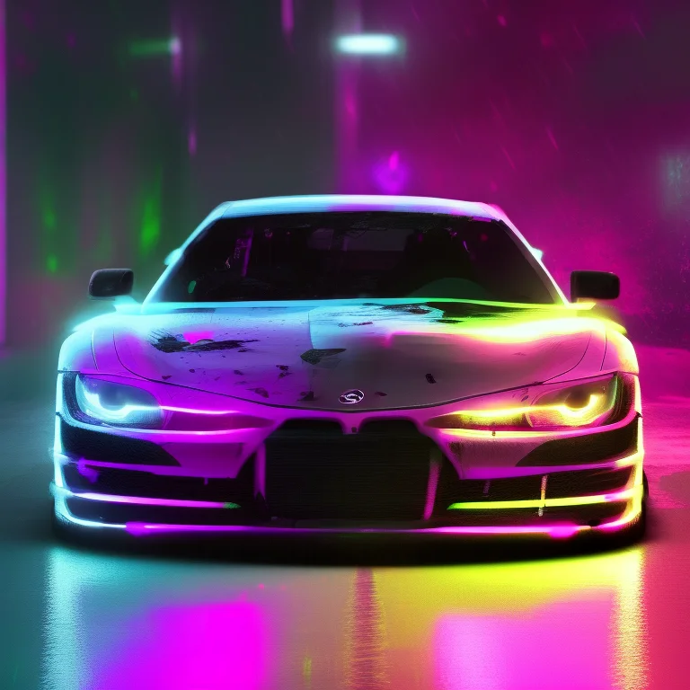 A Photo Of A Car Is Shown In A Tunnel With A Neon Light Arou...