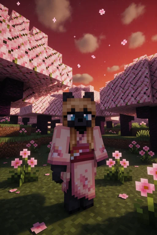 Minecraft Style. A Girl As A Minecraft Skin Standing On Gras...