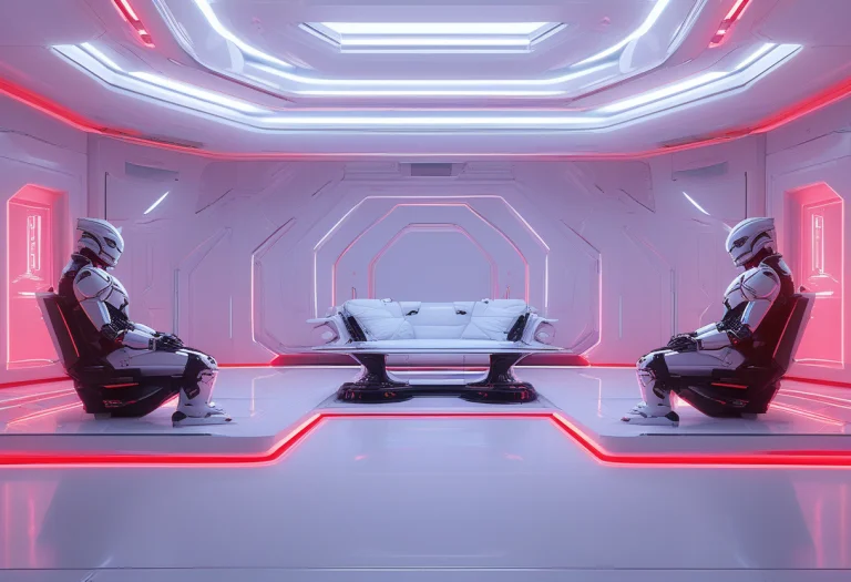 2 Cyborg Statues, Sitting Down Facing Each Other, A Chess Bo...