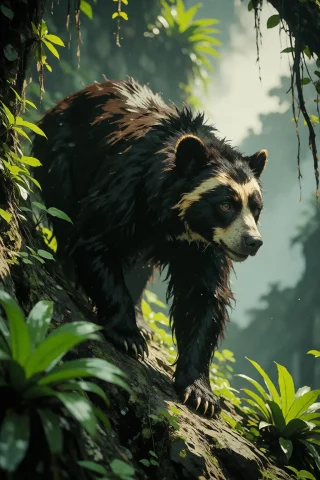 Nature, A Spectacled Bear Scrambling Across A Steep Cloud-fo... — Stable Diffusion AI Prompt: nature, A spectacled bear scrambling across a steep cloud-forest slope in the Ve...