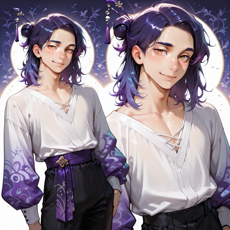 Teruhana, 1man, Male, Indigo Hair, Half-up Bun, Amber Eyes,...