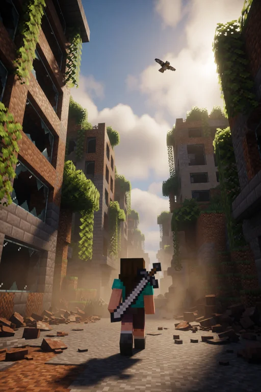 Minecraft Style. The Girl Walking Alone Down The Main Street...