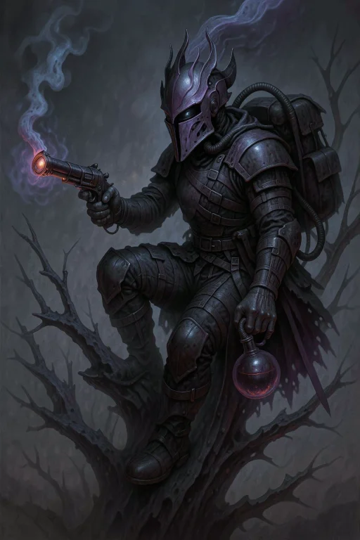 An Armored Figure With A Flaming Helmet Sits Perched On A Tr...