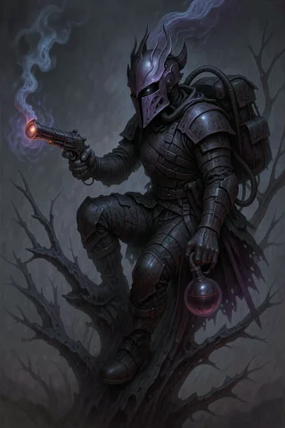 An Armored Figure With A Flaming Helmet Sits Perched On A Tr... — FLUX AI Prompt: An armored figure with a flaming helmet sits perched on a tree branch holding a...